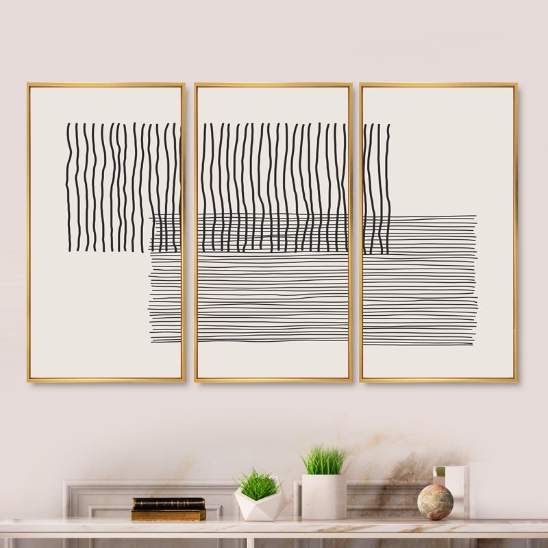 " Minimal Geometric Lines And Squares II " 3 - Pieces on Canvas 28" H x 36" W x 1" D