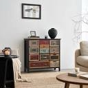 Vintage Storage Cabinet with Multi-Colored Drawers, 35 x 33 inches, Metal Mesh Design, Distressed Fi