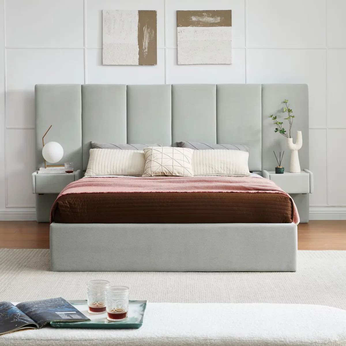 (Incomplete, only 1 box) Upholstered Lift Storage Bed Frame with Hotel-Style Headboard, Queen Size & King Size Bed Frame, Sprung  Slats, Velvet Headboard and Drawers, Gas Lift Hydraulic Support, No Box Spring Needed Color: Gray, Size: Queen