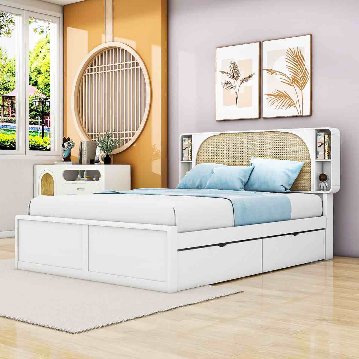 ((Incomplete box 2/2) Queen Two Drawers Platform Bed with Twin XL Trundle and Rattan Headboard