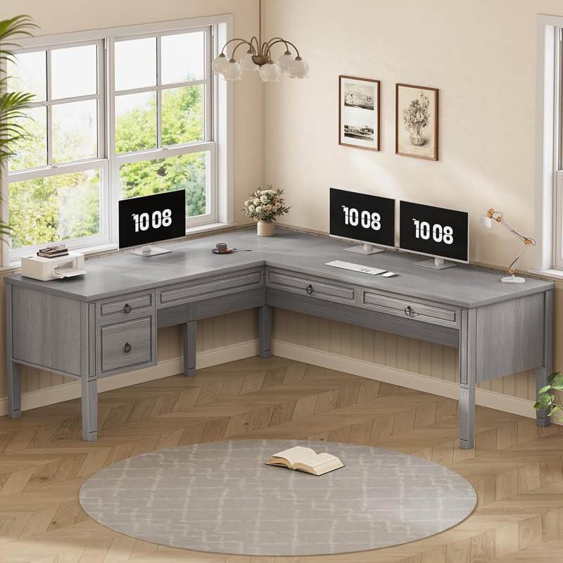 (Incomplete,only 1 box) Suter 63" Executive L Shaped Desk, Home Office Desk With 4 Drawers, Farmhouse Corner Computer Desk With Storage & File Drawers For Home Office Color (Top/Frame): Gray