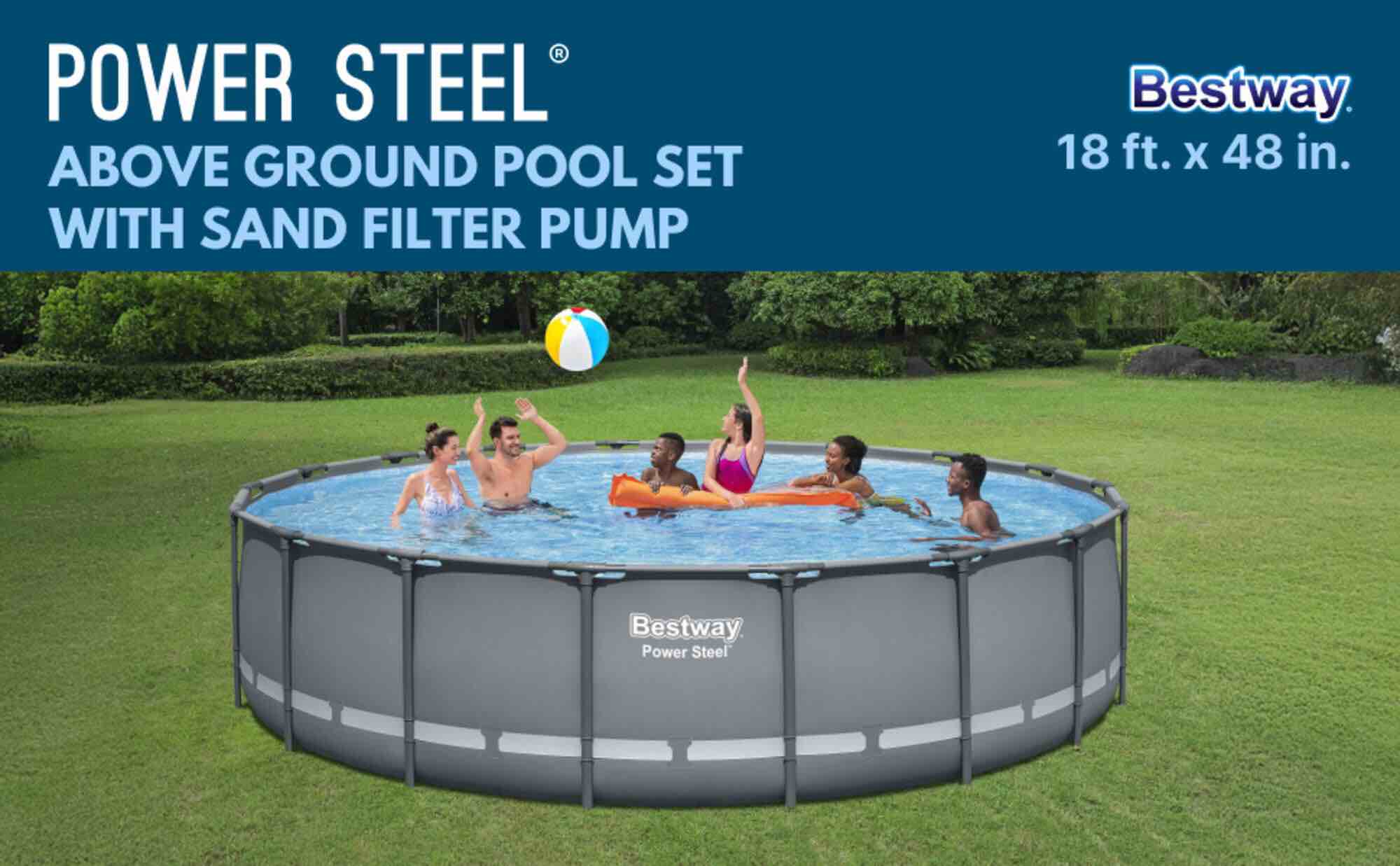 Kick off the summer with an above ground pool in your backyard, ready to swim and splash the day away! Durable Construction: The Bestway® Power Steel® Above Ground Pool is easy to set up and built to last