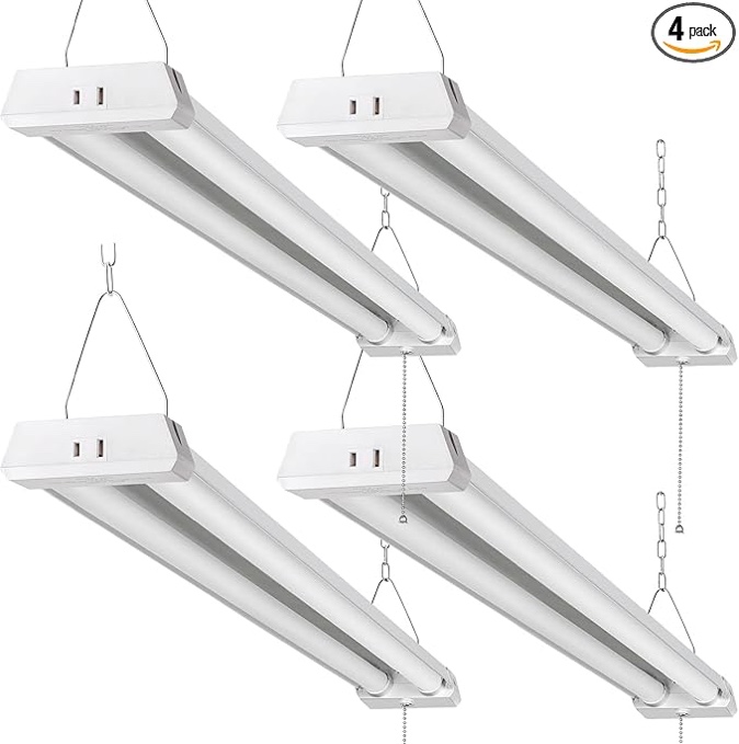 Pack of 4 -4FT Linkable LED Shop Light for Garages, 42W 4800LM 5000K Daylight White LED Ceiling Light, with Pull Chain (ON/Off), Linear Worklight Fixture,