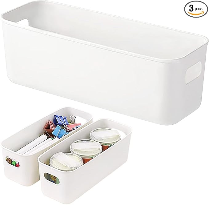 4 Pack White Storage Bin, 10" Long Bathroom Organizing Bins, Plastic Organizer Bins with Handles for Vanity, Pantry, Shelves