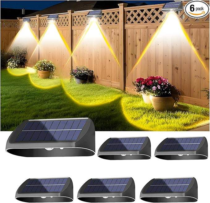 EGOBOO Solar Fence Lights Outdoor 6 Pack, IP65 Waterproof Solar Powered Wall Lights for Deck/Backyard/Railing/Step/Patio/Pool Porch, Solar Light with Auto Dusk to Dawn Sensor for Outside Decor Brand: EGOBOO