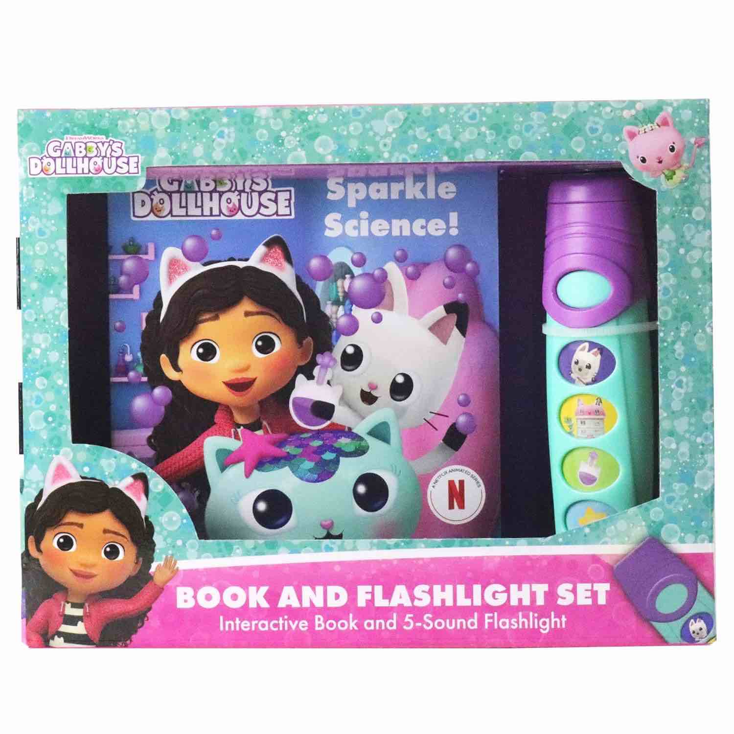 Gabby’s Dollhouse - Sparkle Science! Board Book and 5-Sound Flashlight Toy Set - PI Kids