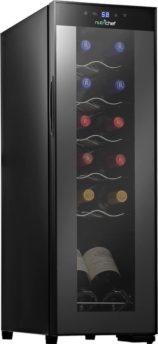 NutriChef PKCWC120 White & Red Cooler-Freestanding Countertop Compact Mini Wine Fridge Chiller Capacity, Digital Control,