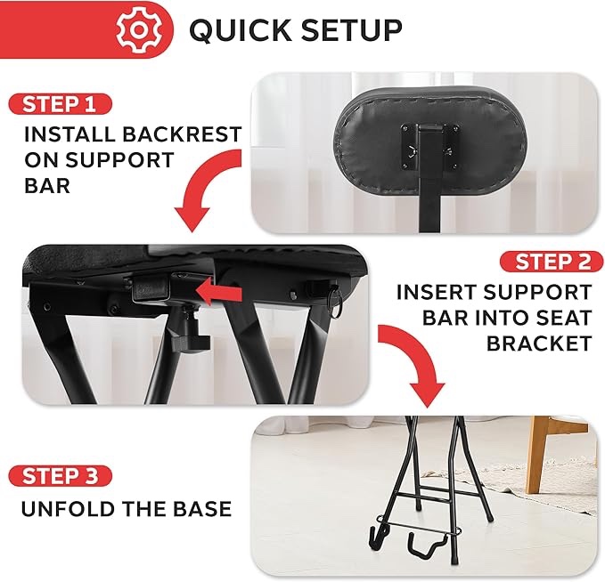 Pyle Seat with Padded Cushion-Heavy-Duty Ergonomic Backrest w/Fold Stand, Foot Rest, Collapsible Design, Holds Acoustic, Electric & Bass Guitars, 300 Lbs Max Load Capacity PYG60