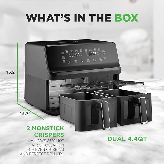Nutrichef Double Basket Air Fryer 8.8 QT | Family Size Oil Free Airfryer with Transparent Window | 9-1 Preset Cooking Options | 360° Hot Air Circulation Technology | 4.4 QTs per Basket | Black