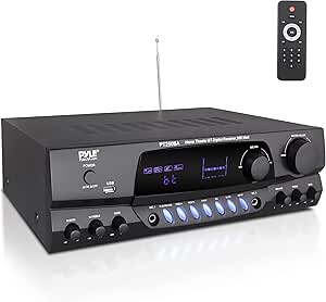 Pyle Wireless Bluetooth Power Amplifier System, 200 Watt Max, Home Theater Audio Stereo Receiver Box with FM/USB, Mic in, RCA Inputs, Echo & 2-Band EQ Control, Digital Display Screen - PT250BA