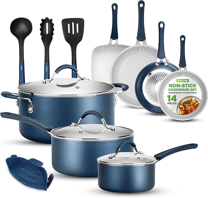 NutriChef 14-Piece Non-stick Kitchen Cookware Set - Non-Stick Pots and Pans