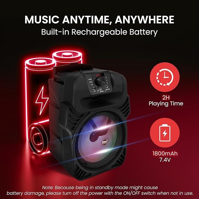 Pyle 400W Portable Bluetooth PA Loudspeaker - 8” Subwoofer System, 4 Ohm/55-20kHz, USB/MP3/FM Radio/ ¼ Mic Inputs, Multi-Color LED Lights, Built-in Rechargeable Battery w/ Remote Control -PPHP844B