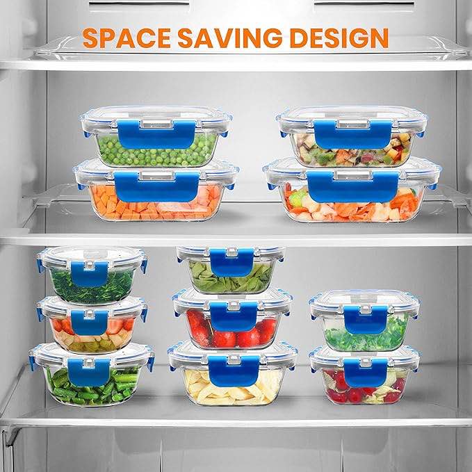 NutriChef 24pcs Glass Food Storage Containers, (12 Stackable Heavy Duty Meal Prep Containers w/ 12 Airtight Lids), Microwave, Freezer, & Dishwasher Safe for Food, Snacks, Fruit & More, (Blue)