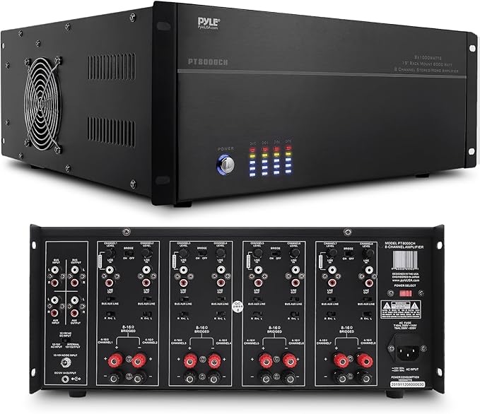 Pyle 4 Multi-Zone Stereo Amplifier - 19” Rack Mount, Powerful 8000 Watts with Speaker Selector Volume Control & LED Audio Level Display, 4-Ch. Bridgeable Switches - PT8000CH