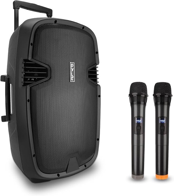 Pyle 1600 Watt, 15" Bluetooth PA Speaker-Indoor/Outdoor Portable Sound System with (2) UHF Wireless Microphones Rechargeable Battery, Audio Recording, USB/SD Readers, FM Radio (PPHP1535WMU),Black