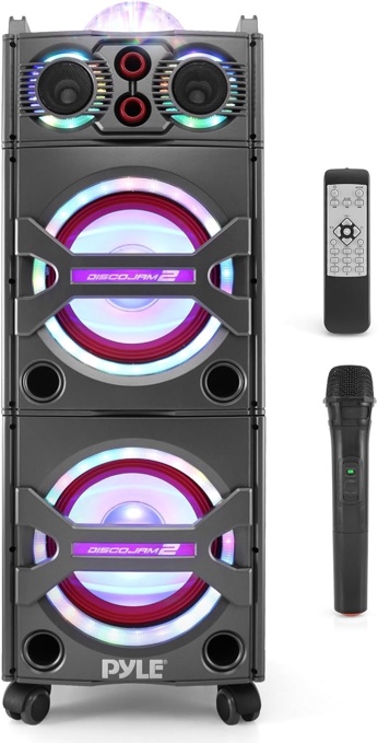 Pyle Portable Bluetooth PA Speaker System - 2000W Active powered Outdoor Bluetooth Speaker Portable PA System w/ Microphone In, Party Lights, USB SD Card Reader, AUX/RCA/FM Radio, Wheels - PSUFM1043BT
