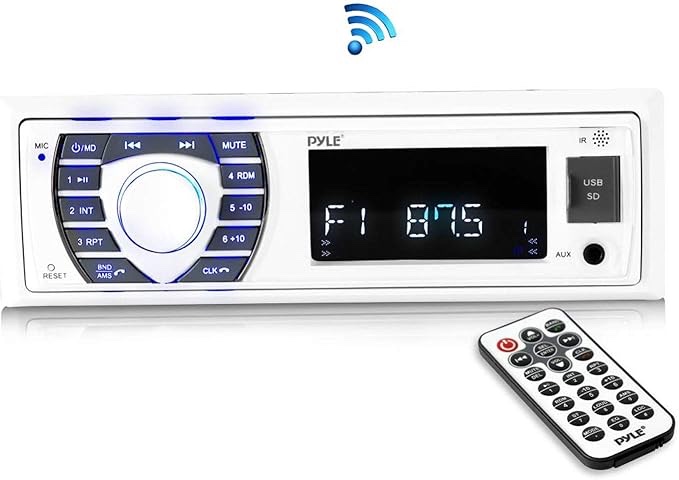 Pyle Bluetooth Marine Stereo Receiver - 12V Single DIN Boat In-Dash Radio with Digital LCD - RCA - MP3 - USB/SD - AM/FM Radio - Remote Control - Wiring Harness - PLRMR23BTW