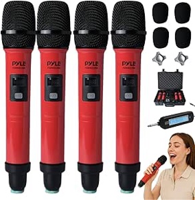 Pyle Portable UHF Band Receiver System, 4 Channel Wireless Microphone System Independent Channel Controls, RF Signal LCD Indicator, Digital Audio Microphone Set with 4 Handheld Microphones Visit the Pyle Store