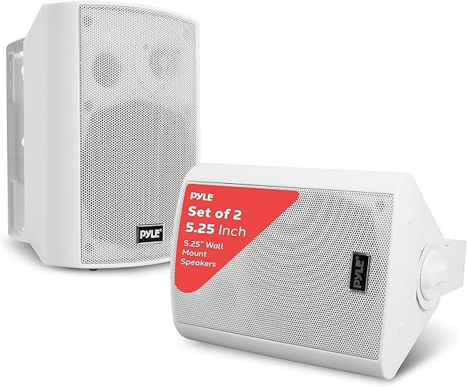 Pyle Wall Mount Bluetooth Home Speaker System - Active + Passive Pair, Wireless, Water-resistant, Stereo Sound, AUX IN (White)