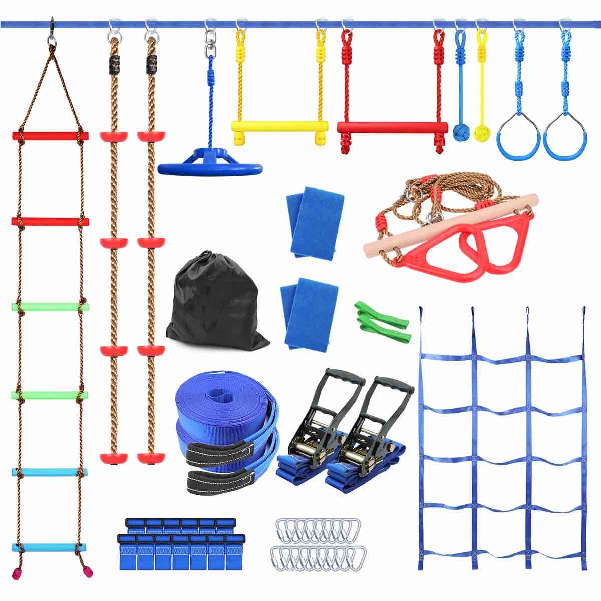 SereneLife 50’ Ninja Warrior Obstacle Course Kit With 14 Accessories For Kids & Adults, SLSNJWR100 SereneLife Metal 17.72'' Multicolor Monkey Bars