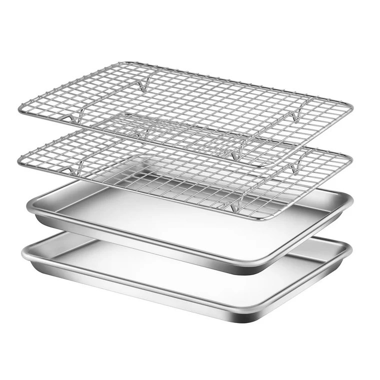 Nutrichef Nonstick Cookie Sheet Baking Pan With Cooling Rack - Professional Quality Kitchen Cooking Non-Stick Bake Trays With Silver Coating Inside & Outside (Pair)