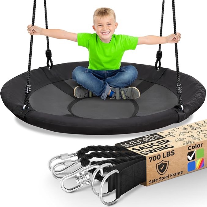 SereneLife 40 Inch Giant Outdoor Saucer Tree Swing with Hang Kit and Center Spinner - Round Hanging Circular Flying Saucer w/ Rope Straps & Sturdy Steel Frame, Polyester Fabric Seat for Kids (Black)
