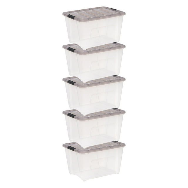 IRIS USA, Stack & Pull 53 Quart Clear Plastic Storage Boxes with Buckles, 16.50" W x 22" L x 13.03" H, 5 Piece Set