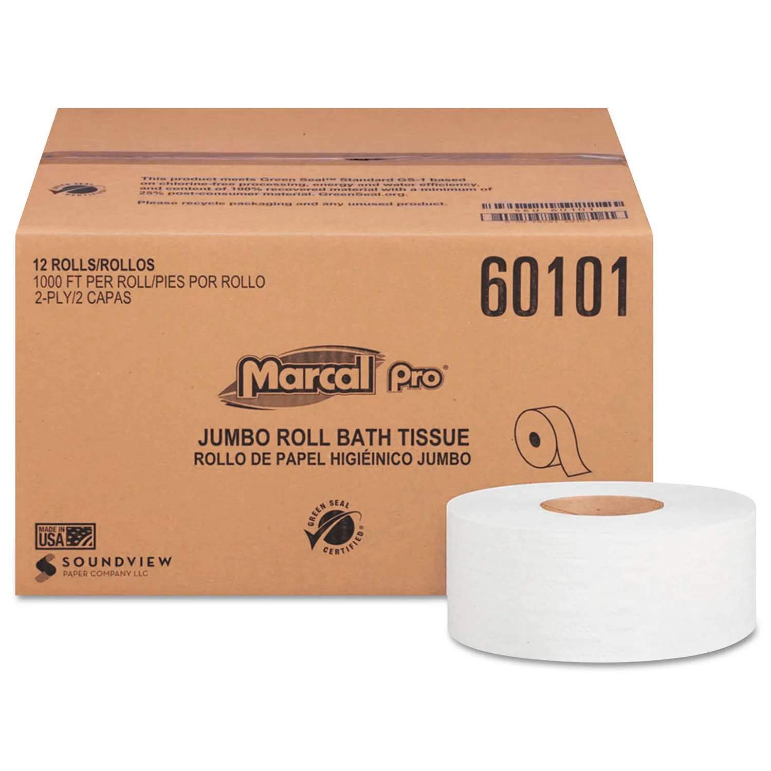 Marcal PRO® Recycled Jumbo Toilet Tissue, 1000' Roll, 12/Case - 60101