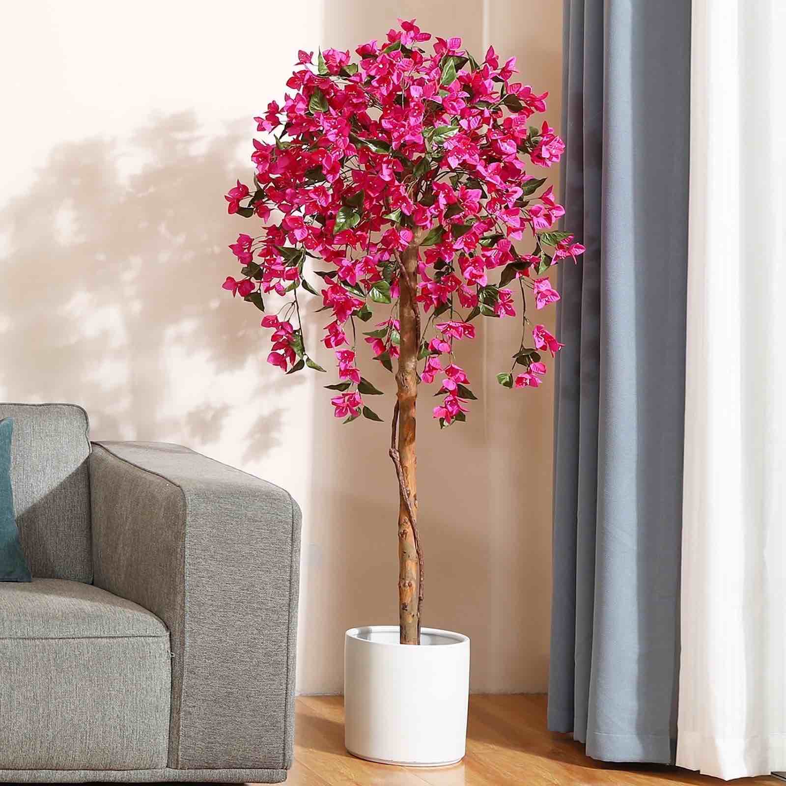 DR.Planzen 5 feet Artificial Bougainvillea Flowers Tree In Black Plastic Pot, Indoor Plants with Wood Trunk and Pink Flowers for Housewarming Decor
