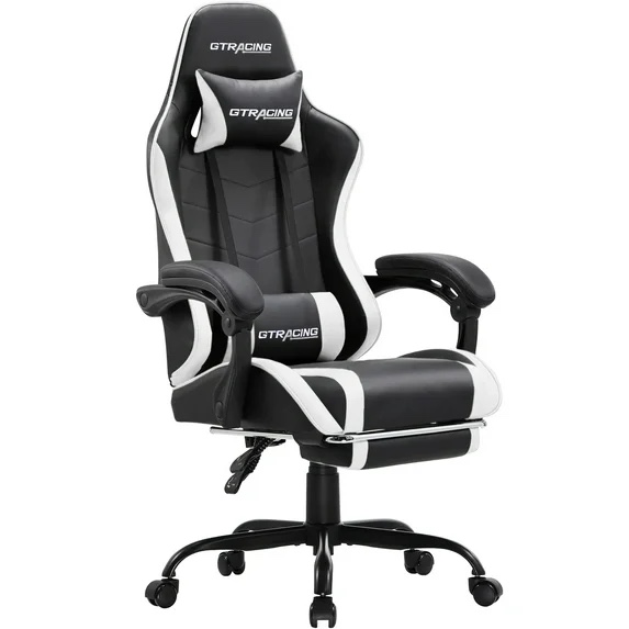 GTRACING GTWD-200 Gaming Chair with Footrest, Height Adjustable Office Swivel Recliner, White