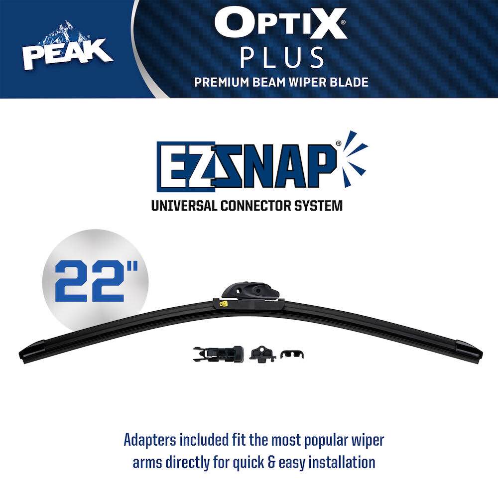 PEAK® OPTIX® PLUS premium beam wiper blades are uniquely engineered for 2X longer life* with a heavy-duty spoiler design and an enhanced dual synthetic rubber