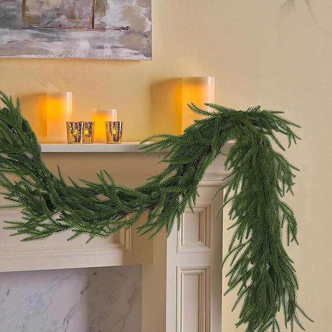 Artificial Norfolk Pine Garlands, Real Touch Winter Pine Garland, Green Artificial Greenery Garland for Table, Mantle, Wall, Indoor, Outdoor Christmas Decorations (2pcs)