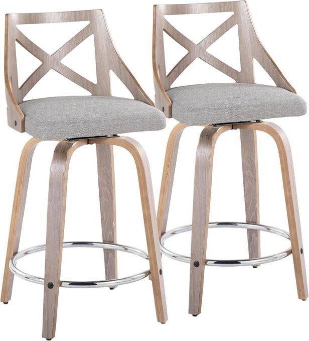 LumiSource Charlotte Counter Stools for Kitchen Counter in Fabric and Chrome Footrest, Counter Height Chairs, Bar Stools Set of 2, Counter Height Chairs, Bar Stools for Kitchen Island