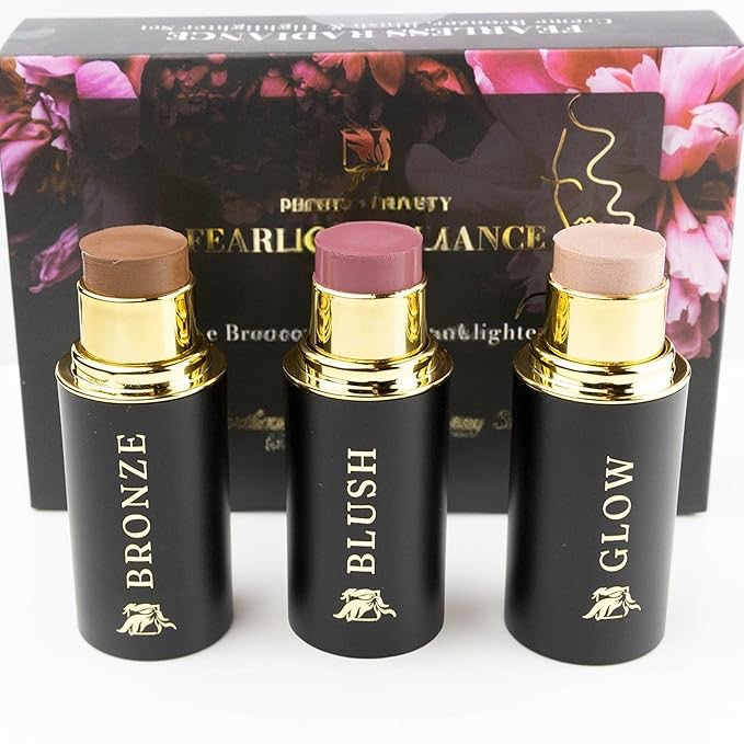 Phoenix Beauty Fearless Radiance Trio Face Stick Set Including Creme Blush Bronzer and Highlighter (