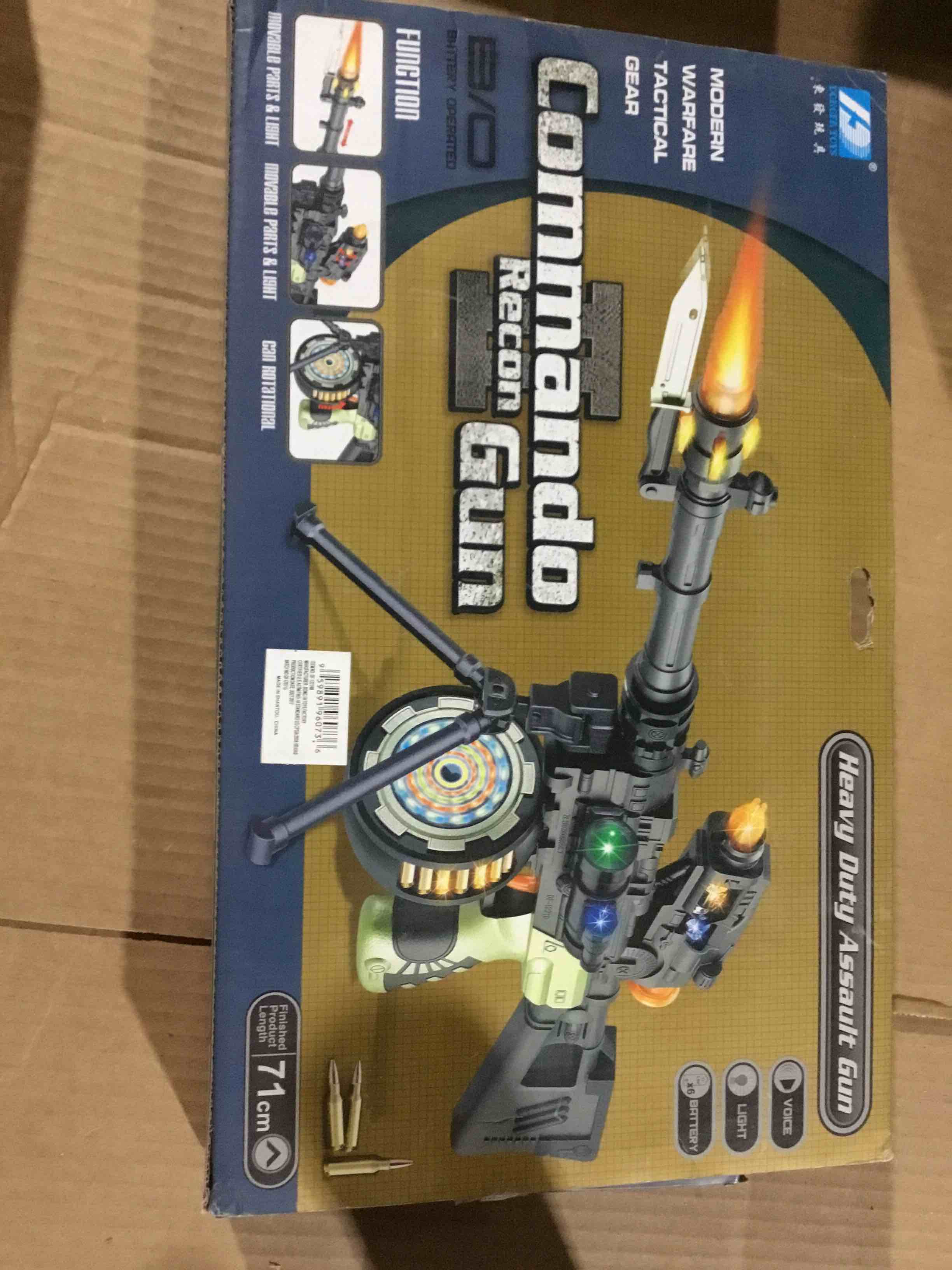 Condition photo showing Good Condition for A commando recon toy gun it has flashing led lights and exciting shooting sounds it has a barrel with bayonets 