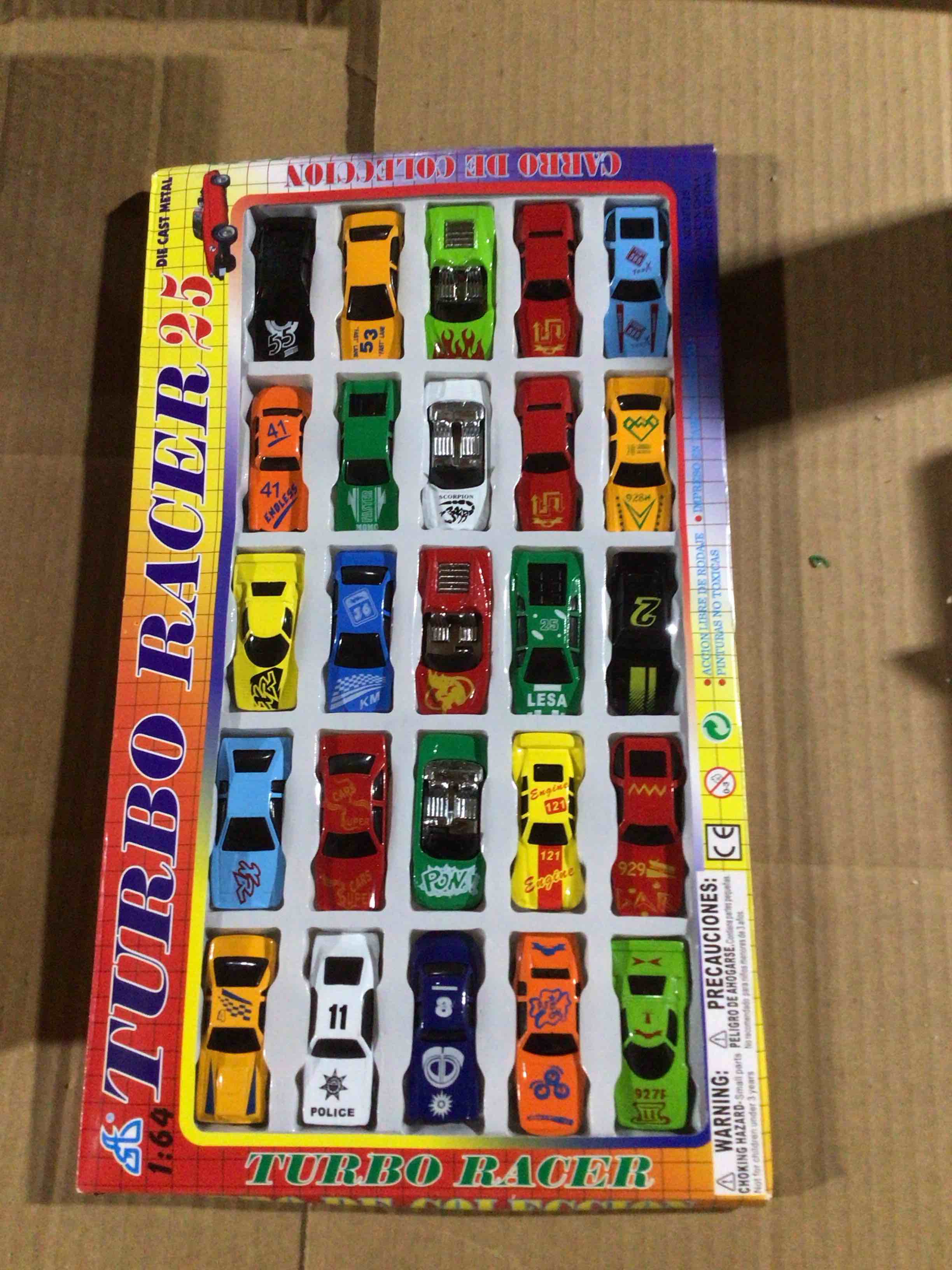 set of 25 die - cast metal toy cars ,turbo racer brand ,scale 