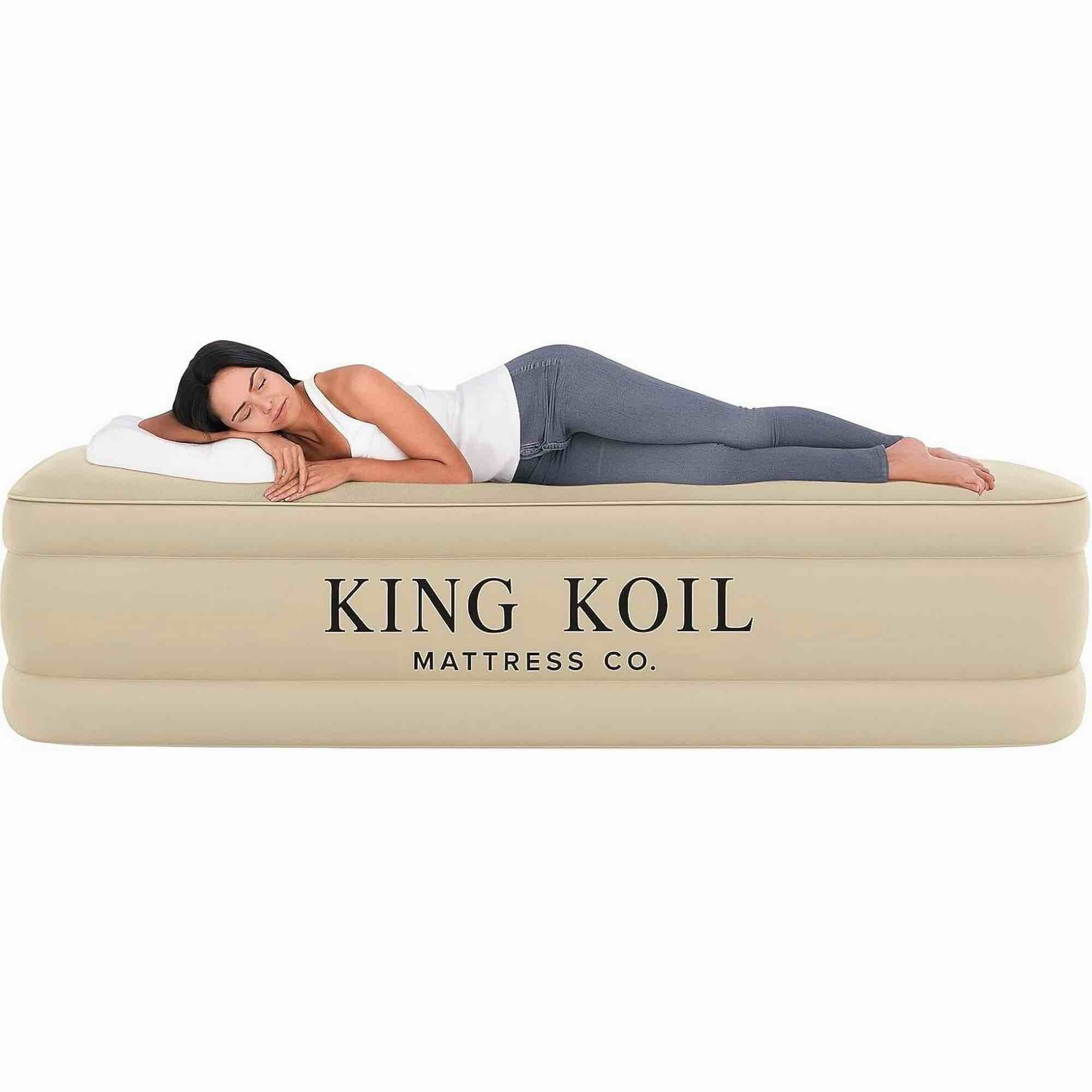 king koil luxury california king air mattress with built-in pump for home, camping & guests - 20” king size inflatable airbed luxury double high adjustable blow up mattress, durable waterproof