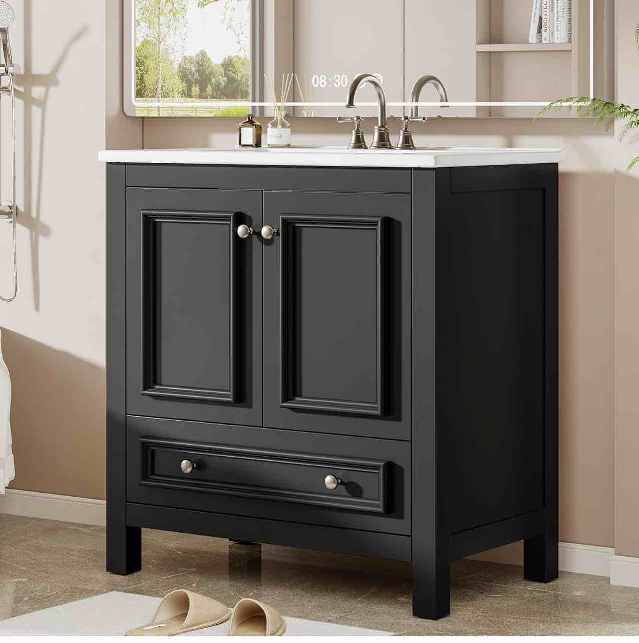 tribesigns 30" modern bathroom vanity with sink, freestanding bathroom vanities cabinet with ceramic basin combo, bathroom sink cabinet with 2 doors and 1 drawer, solid wooden frame, black