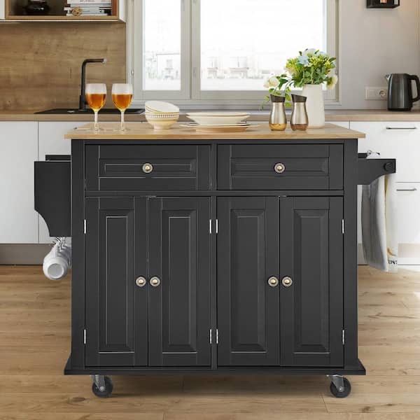 natural wood kitchen island cart rolling storage cabinet on wheel with drawer and shelves, solid rubber wood, black