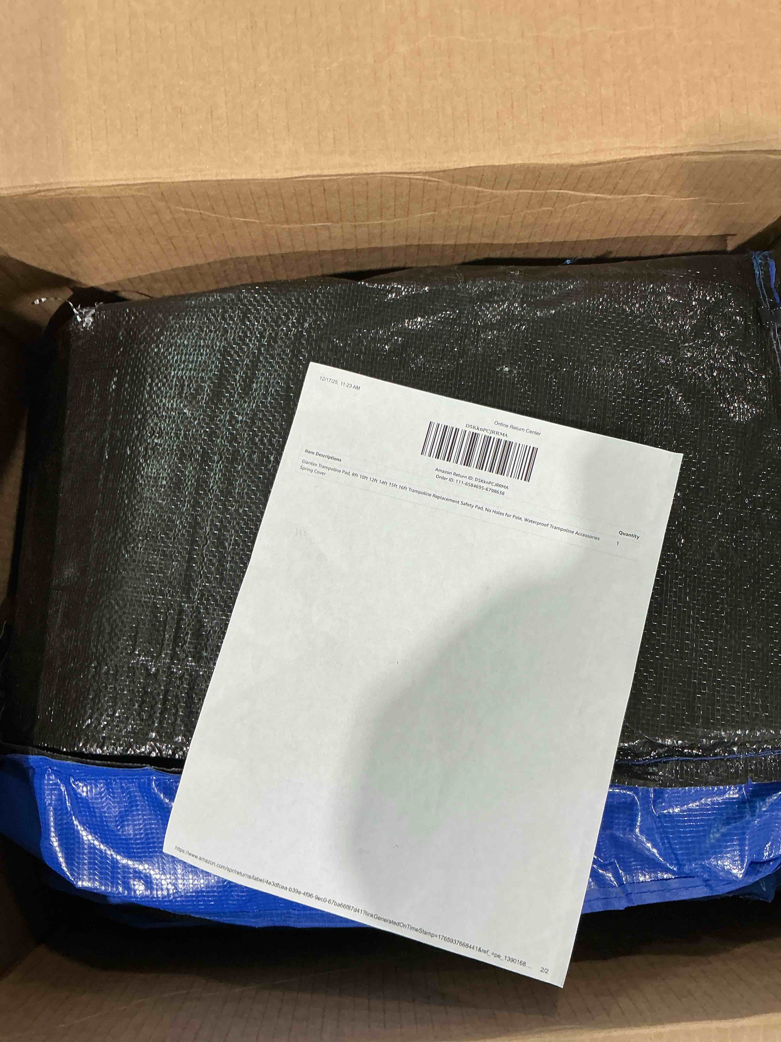 Condition photo showing Good Condition for giantex trampoline pad, 8ft 10ft 12ft 14ft 15ft 16ft trampoline replacement safety pad, no holes for pole, waterproof trampoline accessories spring cover has a minor rip