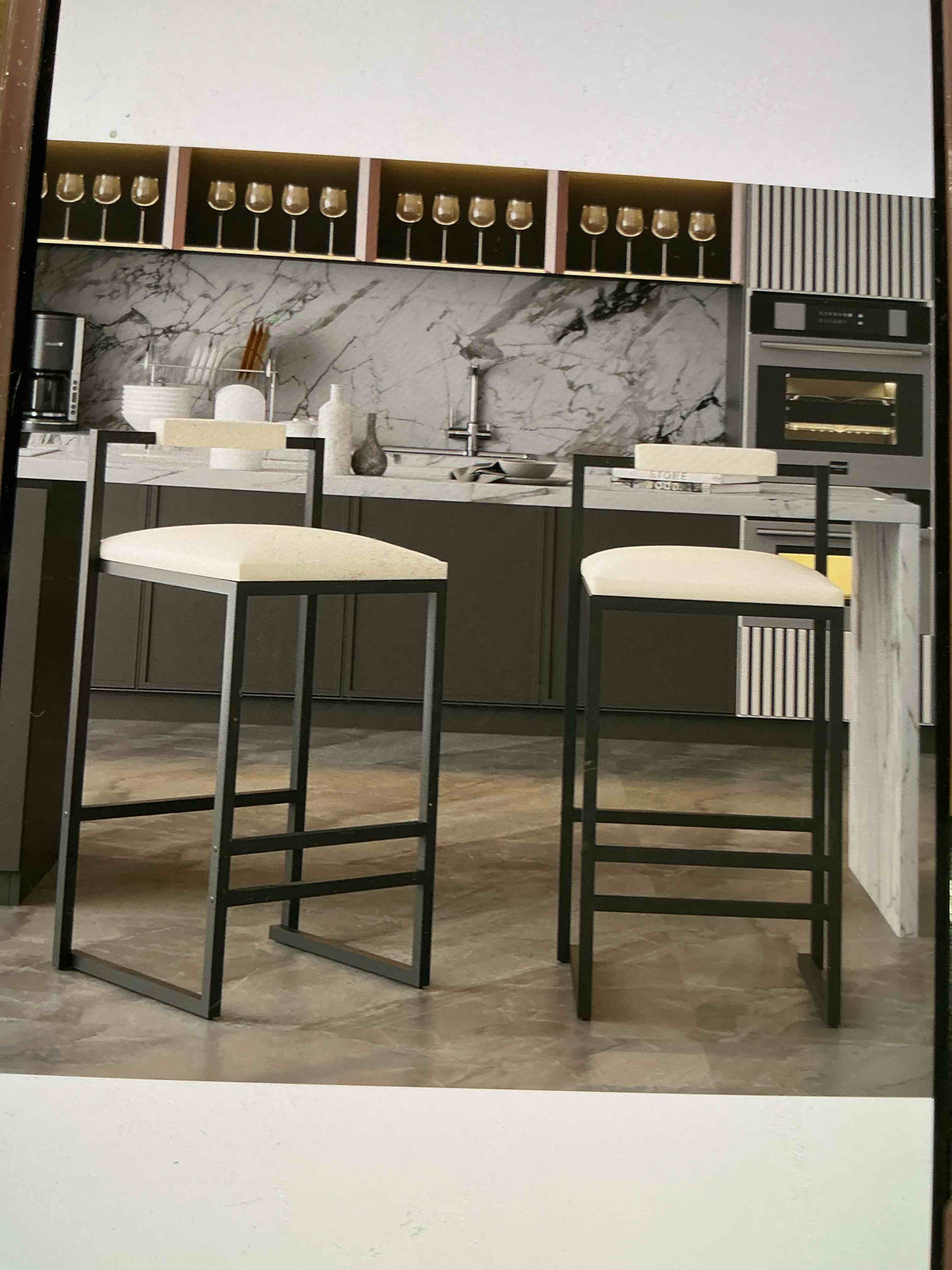 Condition photo showing Brand New for barstool set up two counter height, barstool pu leather seat, bar, chairs, upholstered counter, stools, modern metal frame, armless, barstools island, dining bar chair, white