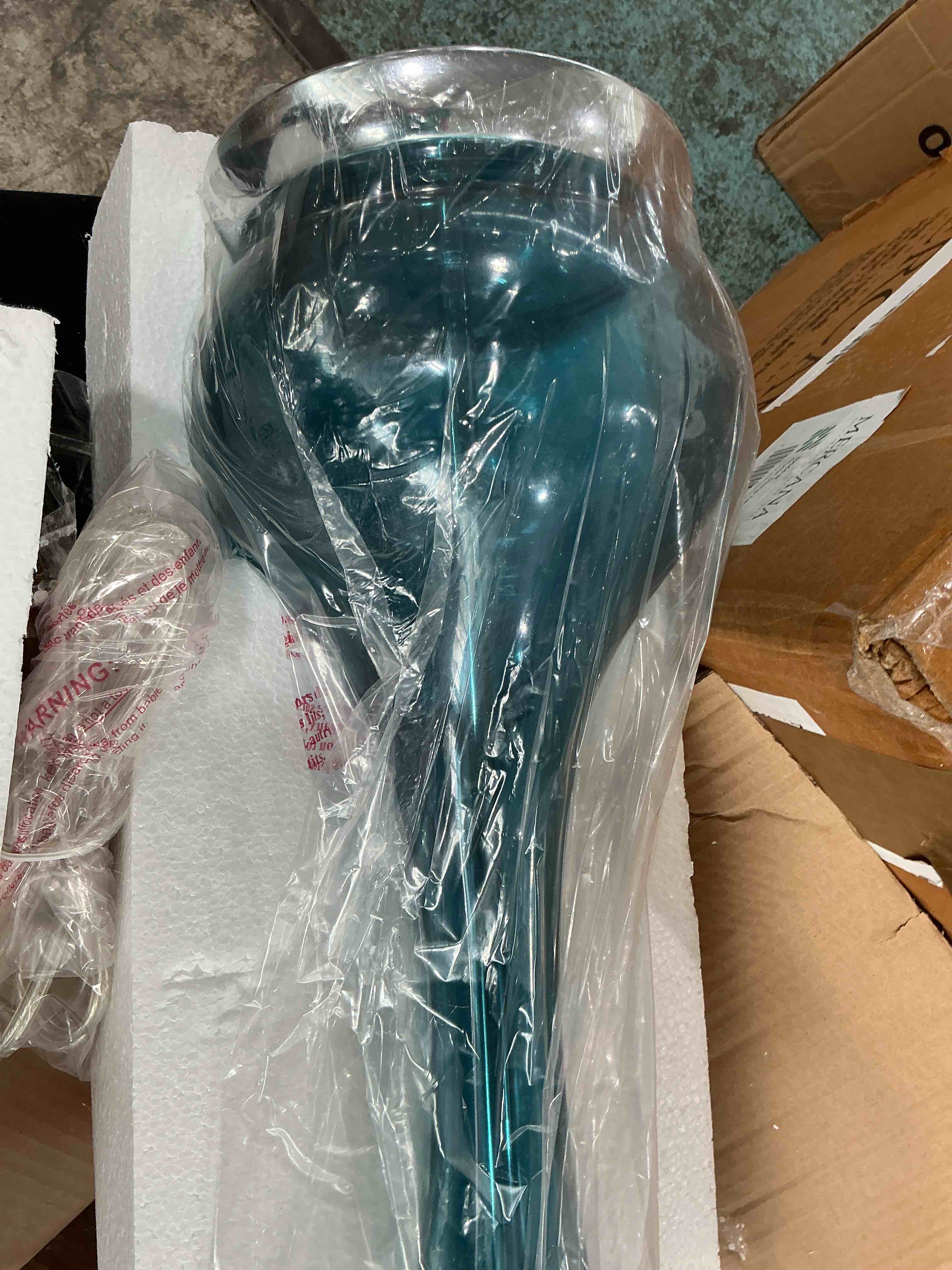 Condition photo showing Brand New for glass table lamps set of two (brighter blue in person)