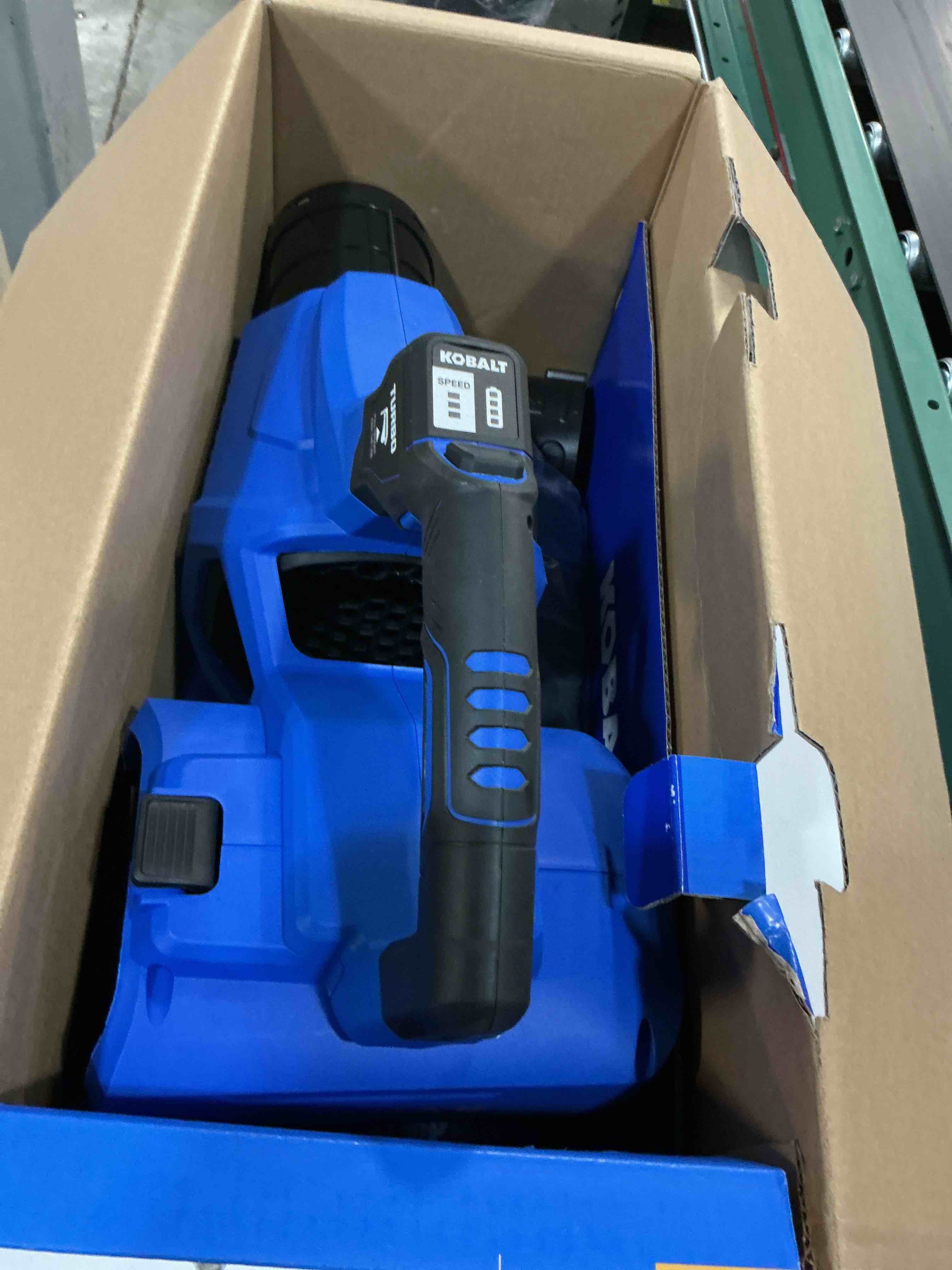 Condition photo showing As Is for kobalt 40-volt 600-cfm 130-mph battery handheld leaf blower 4 ah battery included charger included