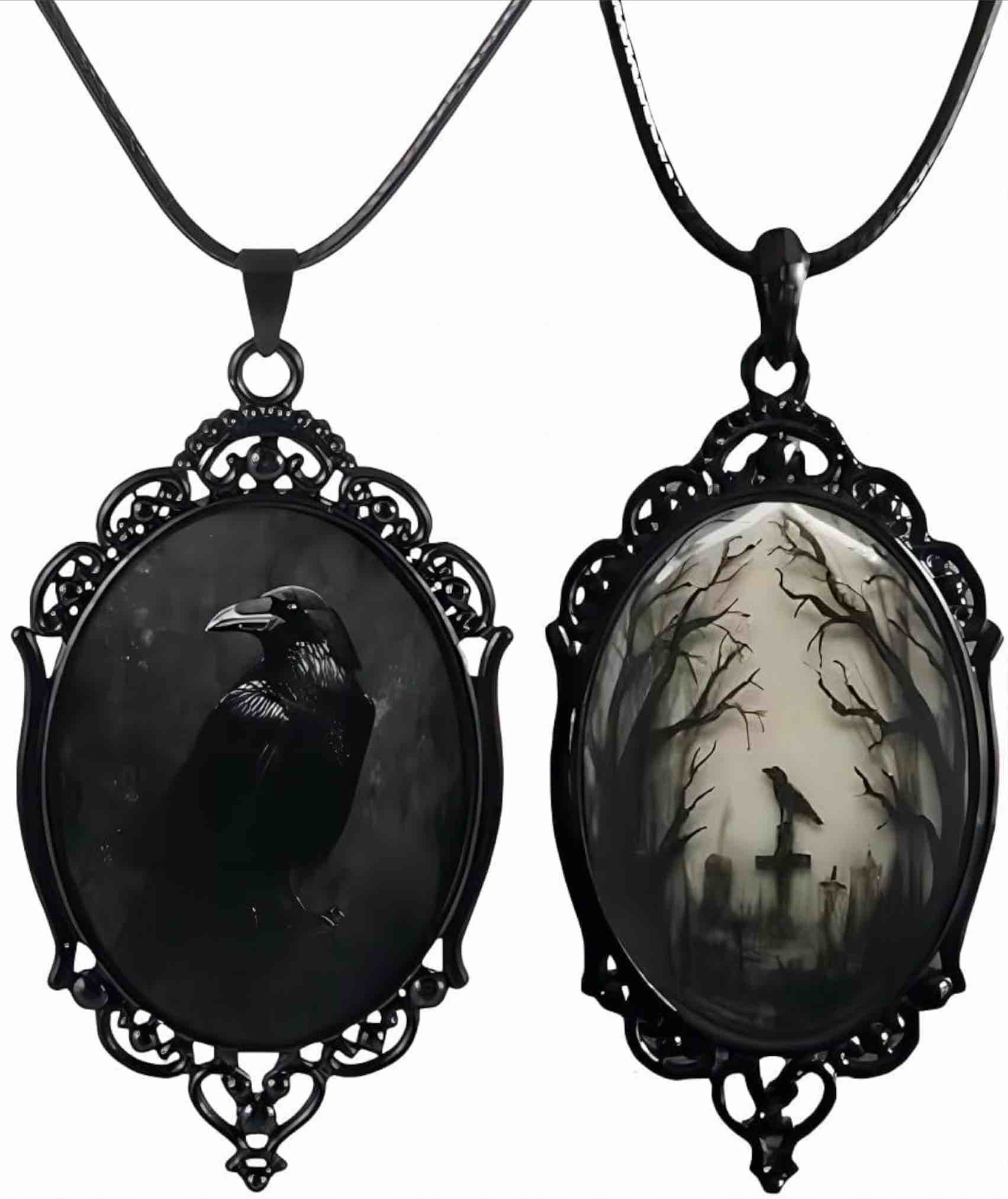 2pcs Goth Raven Cross Cameo Necklaces, Vintage Gothic Crow Cross Pendant (10 Pack)