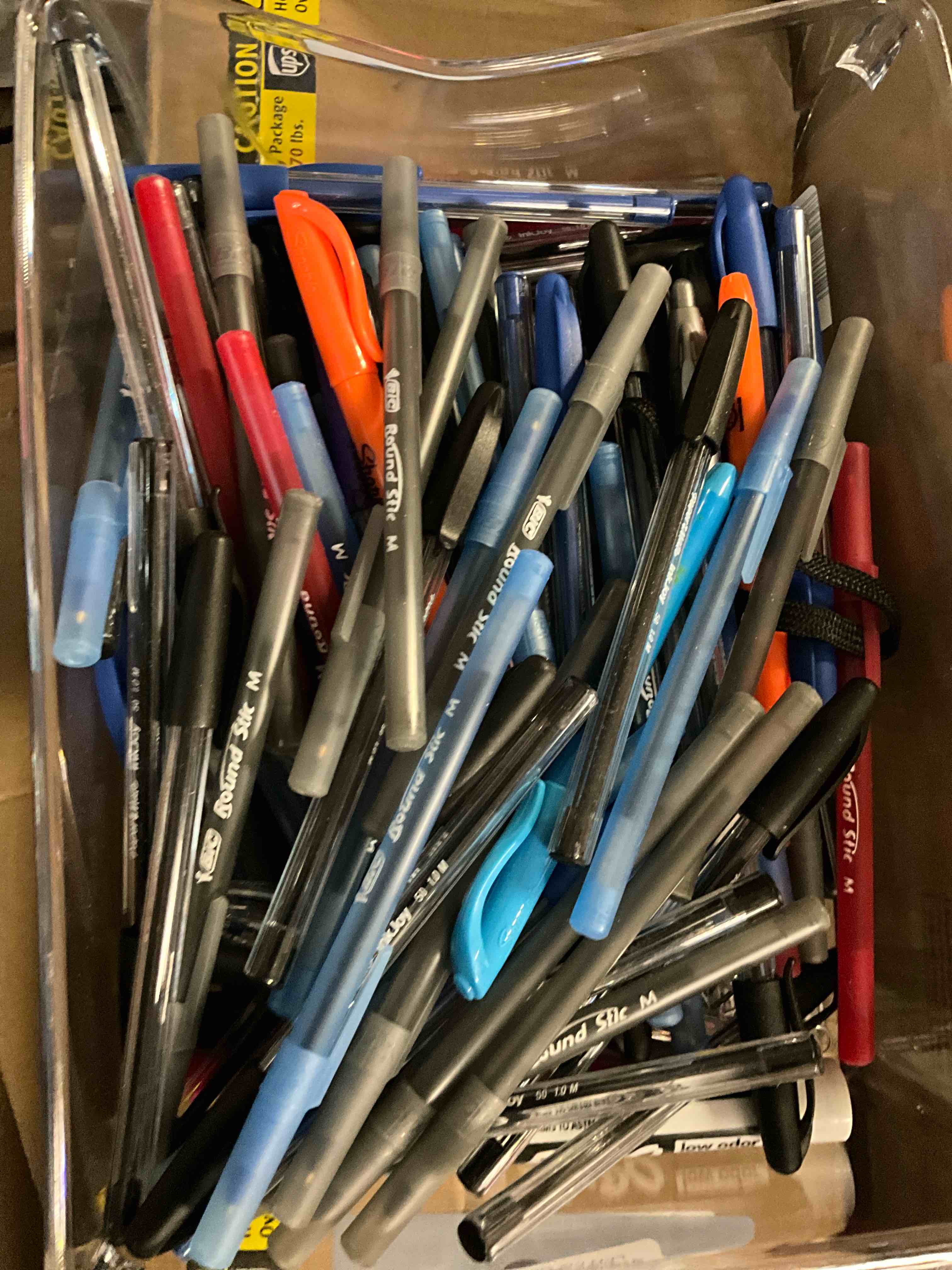 Assorted Bin With Pens And Markers (1 Bid)