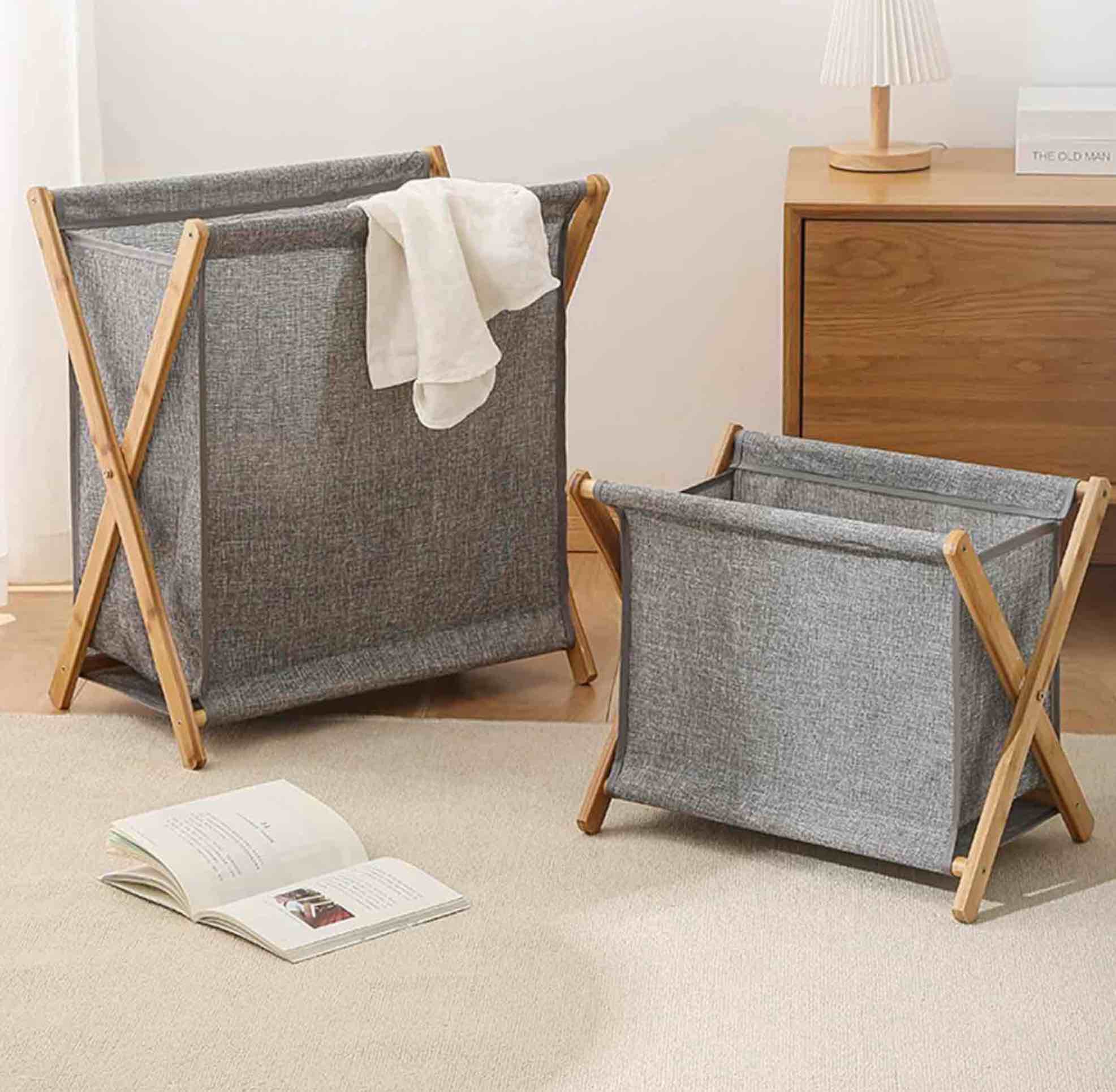 Large Laundry Basket, Collapsible X Frame Laundry Hamper, Cotton and Linen Laundry Baskets with Solid Wood Stand, for Clothes Toys in The Dorm 3 Pack (All Different Sizes)