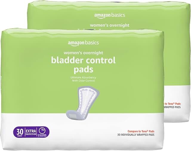 Amazon Basics Incontinence Pads for Women, Bladder Control, Postpartum, Overnight Absorbency, Unscented, 60 Count (2 Packs of 30)