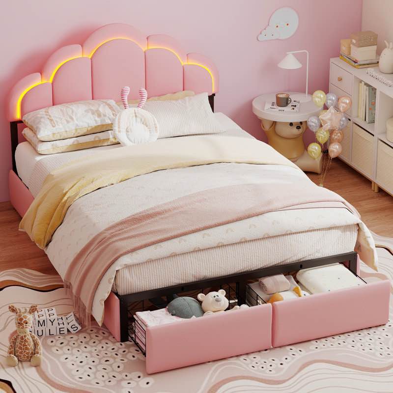 Upholstered LED Bed with Drawer & Petal Headboard, Kids Beds