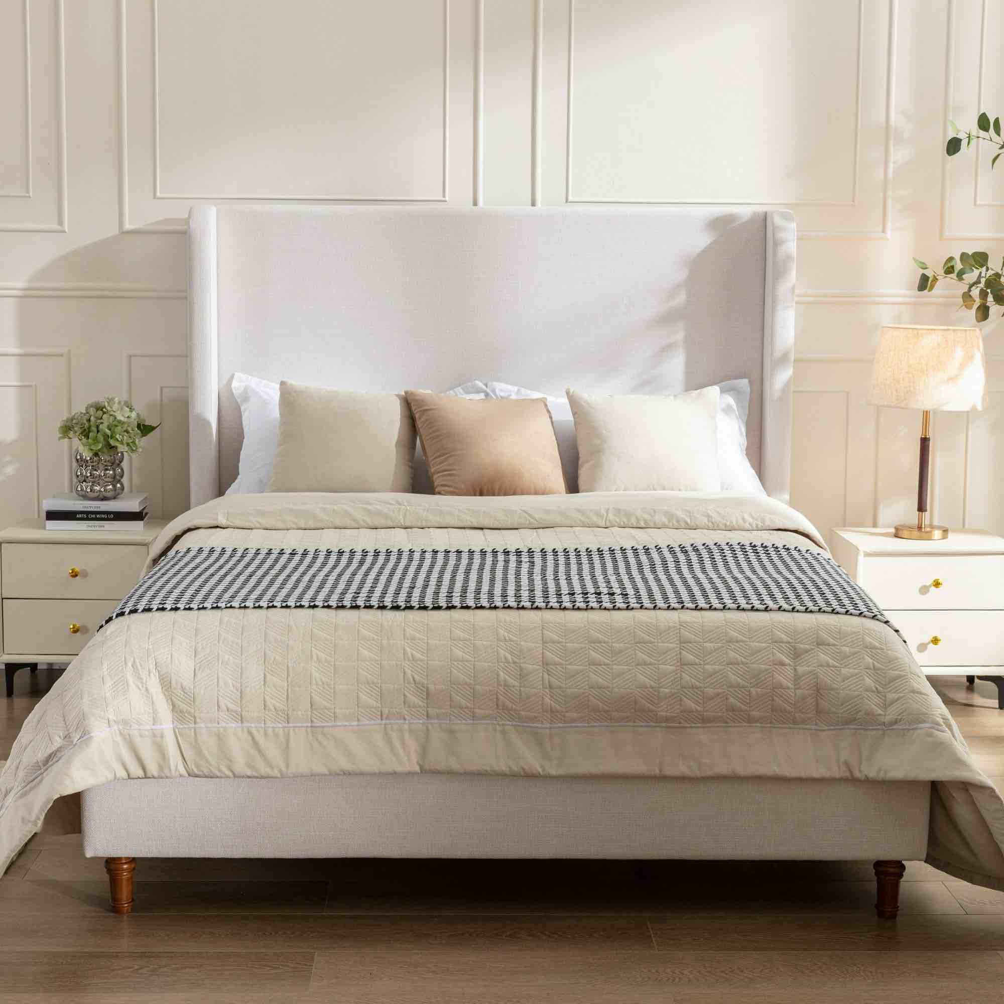 Noble House Harper Indoor Upholstered Metal Tall Headboard Queen Bed, Textured Beige