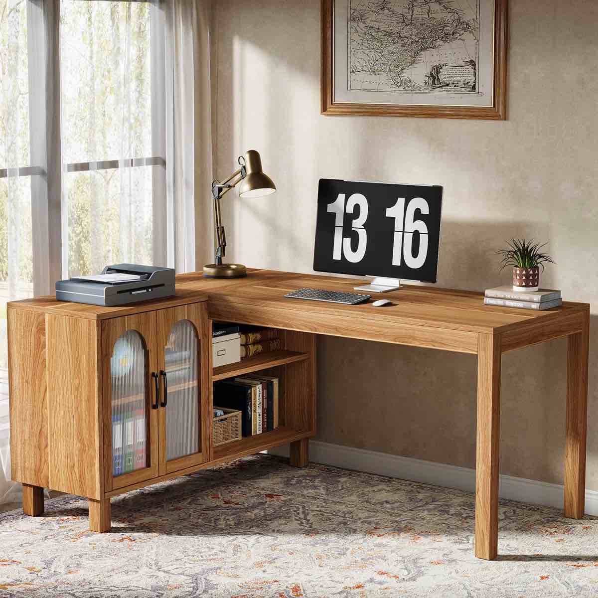 L Shaped Desk With Storage Cabinet, 55 Inch Corner Computer Desk Home Office Desk